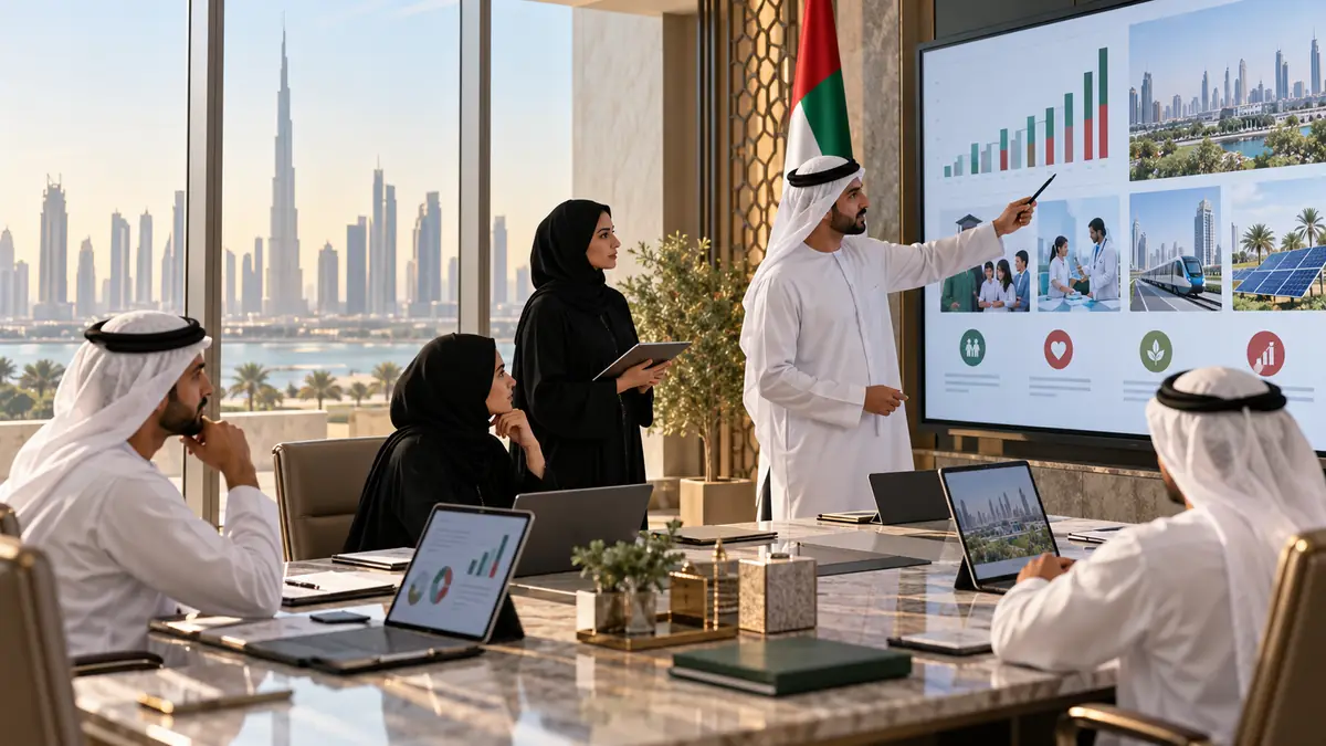 UAE public-finance team reviewing charts on public services, transport, healthcare and sustainability