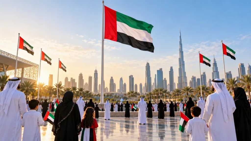 Families and community members respectfully gathering around UAE flags in a Dubai civic plaza