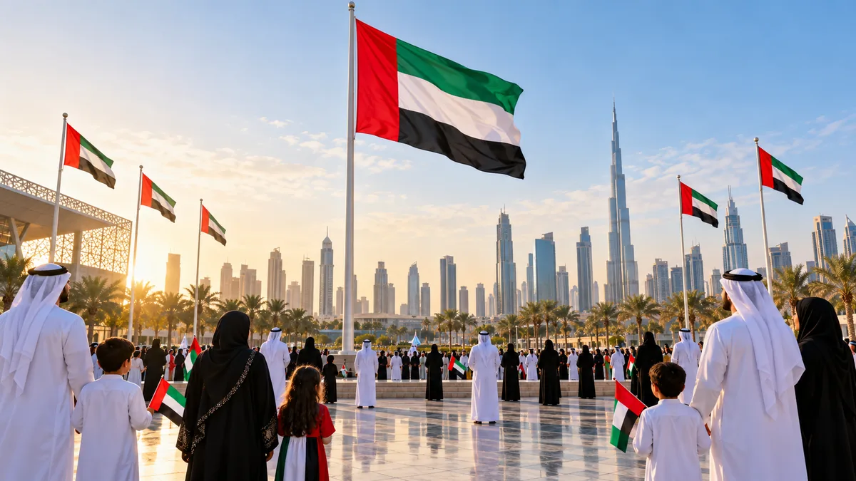 Families and community members respectfully gathering around UAE flags in a Dubai civic plaza