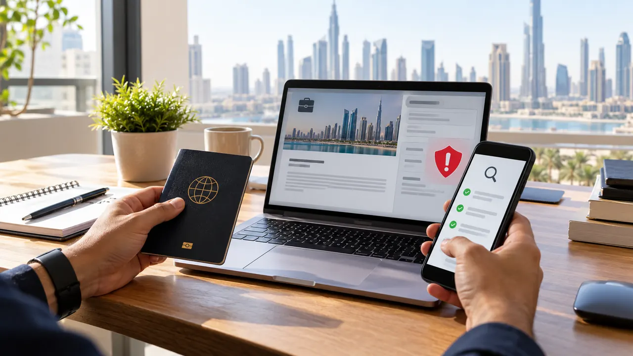 Job seeker checking a UAE freelance visa offer online while holding a passport and phone