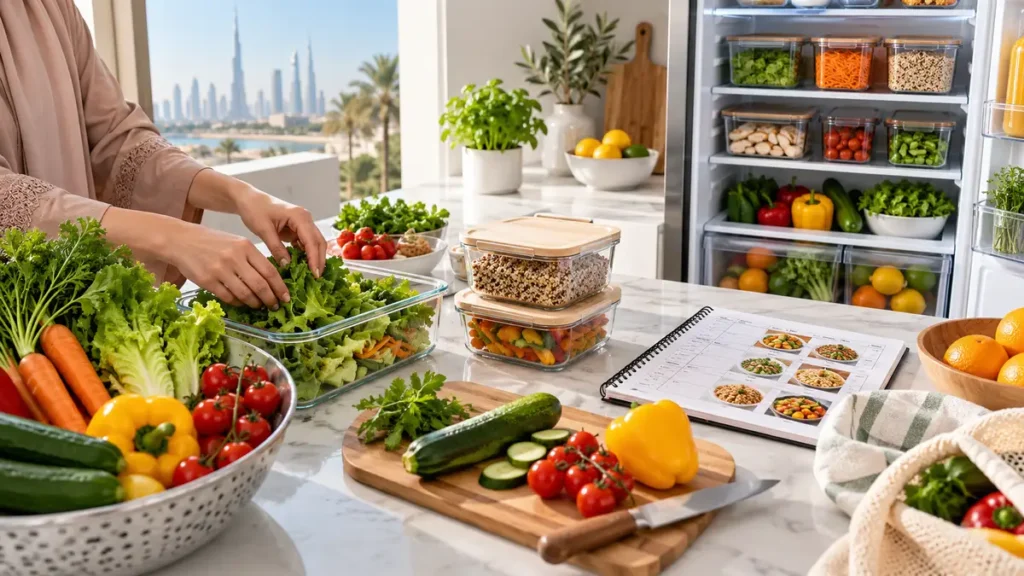 Organised Dubai home kitchen with labelled leftovers vegetables and a weekly meal plan to reduce food waste