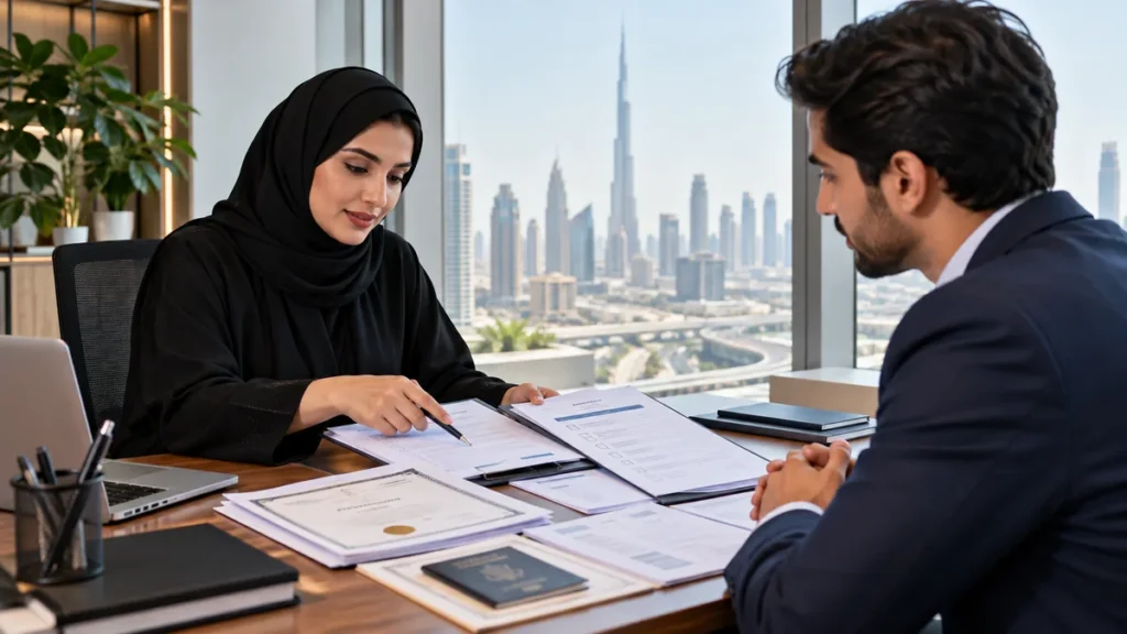 HR professional reviewing qualification certificates and UAE work permit documents with a job applicant