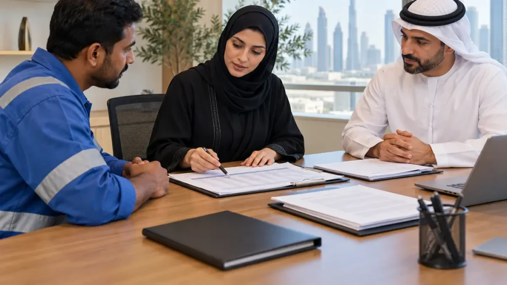 UAE employee and employer reviewing labour complaint records with a human resources adviser
