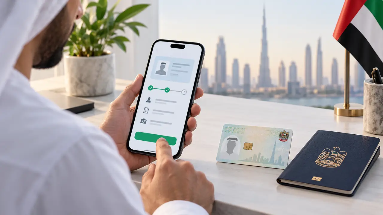 UAE resident using a phone to apply for replacement of a lost or damaged Emirates ID