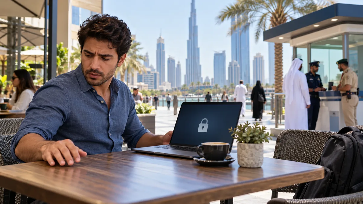 Dubai resident securing accounts on a laptop after noticing a mobile phone is missing