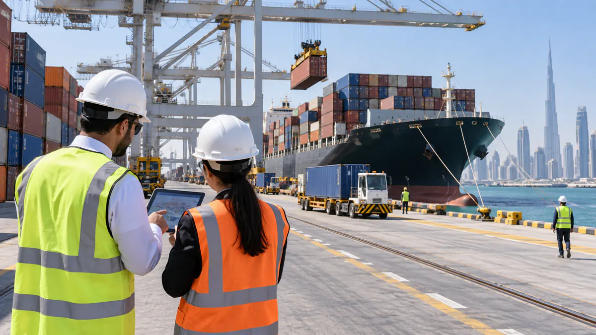 Cargo containers and digital customs filing dashboard representing UAE MPCI requirements from October 2026