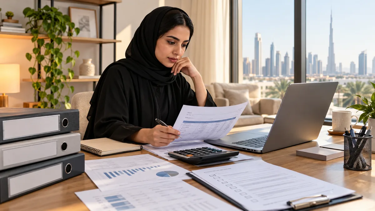 Self-employed UAE professional reviewing turnover records and a corporate tax checklist