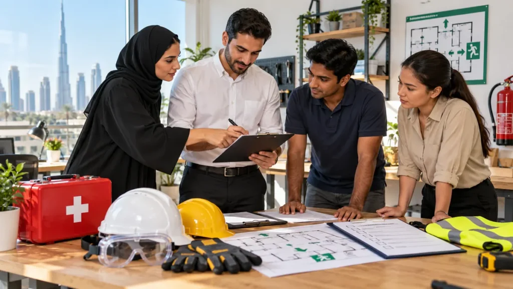 UAE small-business team reviewing workplace safety records and protective equipment