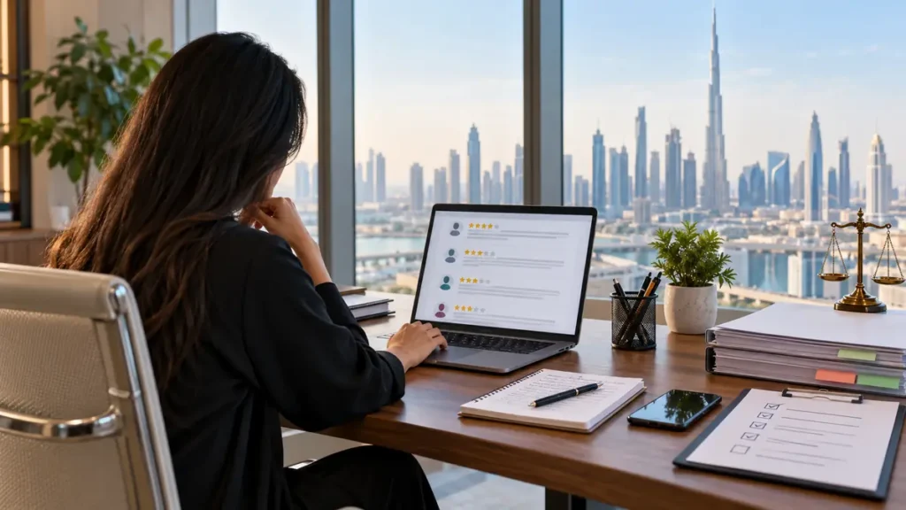 UAE small-business owner reviewing customer feedback and evidence on a laptop in a Dubai office