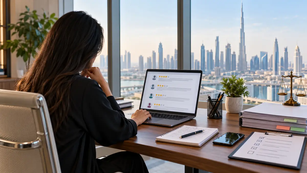 UAE small-business owner reviewing customer feedback and evidence on a laptop in a Dubai office