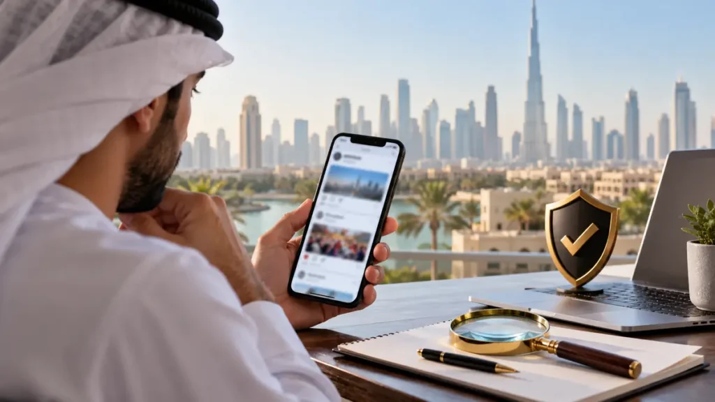 Dubai resident checking a social media post carefully before sharing it online