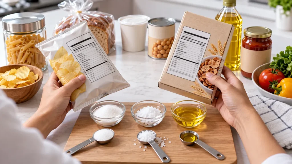 Person comparing nutrition labels on packaged foods beside measured sugar, salt and cooking oil