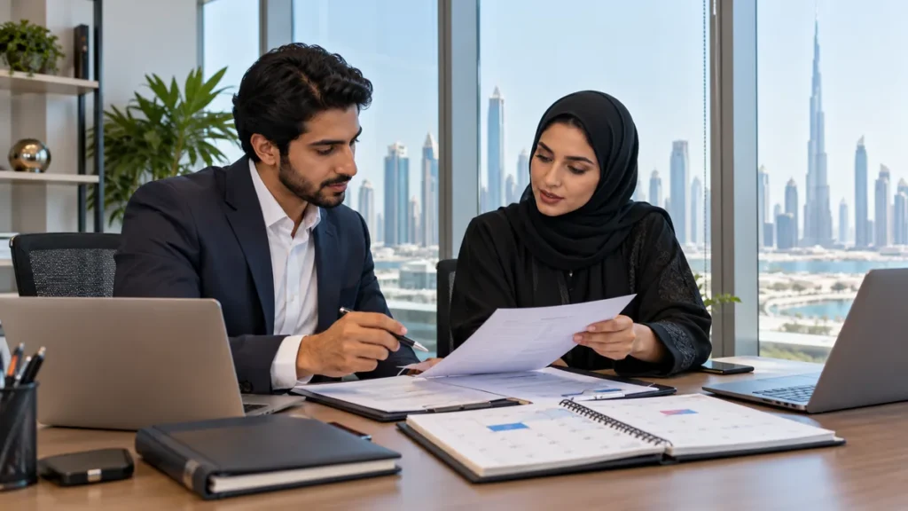 Employee and HR professional reviewing part-time work permit documents in a Dubai office