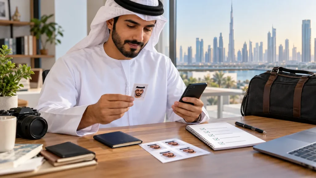 Emirati citizen preparing a compliant passport photo and UAE passport renewal application on a phone