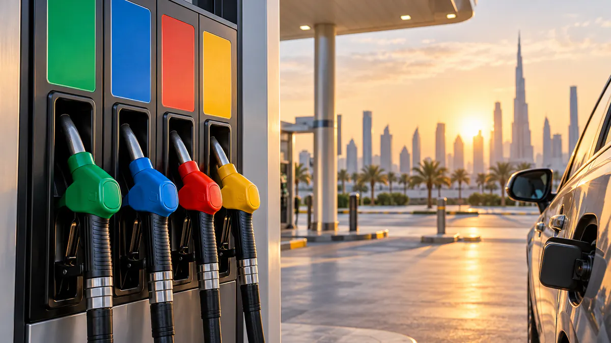 Modern UAE fuel station with petrol and diesel pumps for November 2026 fuel prices