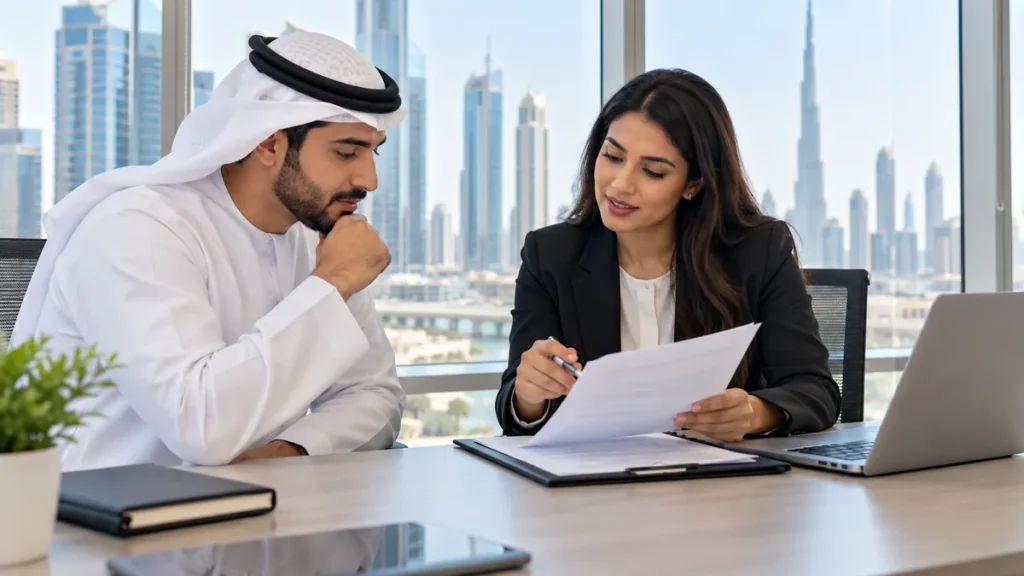 Employee and human-resources manager reviewing a probation-period employment document in a Dubai office