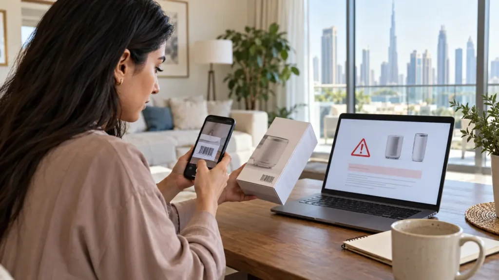 UAE resident checking a household product barcode and model against an official recall notice online