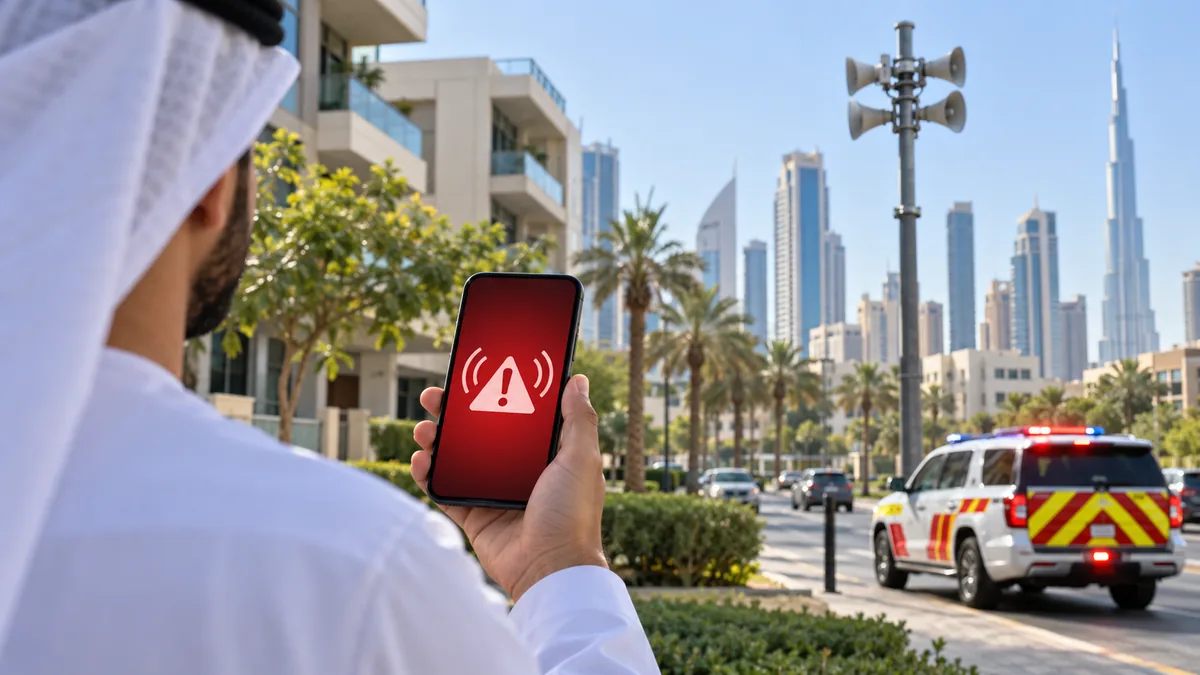 UAE resident viewing an emergency alert symbol on a phone near a public warning siren in Dubai