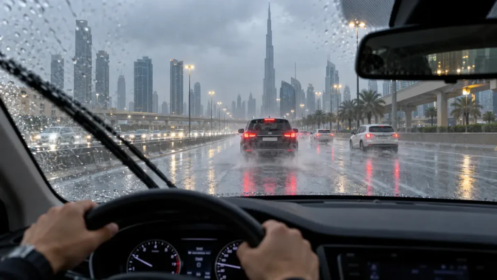 Driver maintaining a safe distance with headlights on during heavy rain on a Dubai road