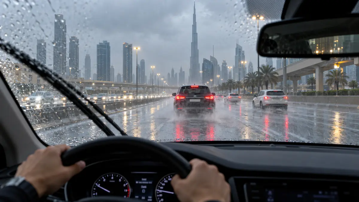 Driver maintaining a safe distance with headlights on during heavy rain on a Dubai road