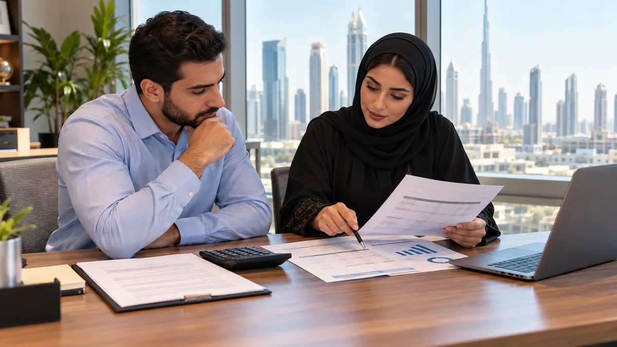 UAE employee and HR representative reviewing payslip deductions and an employment contract