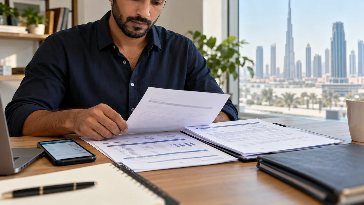 Employee organising payslips, bank records and an employment contract before reporting a delayed UAE salary