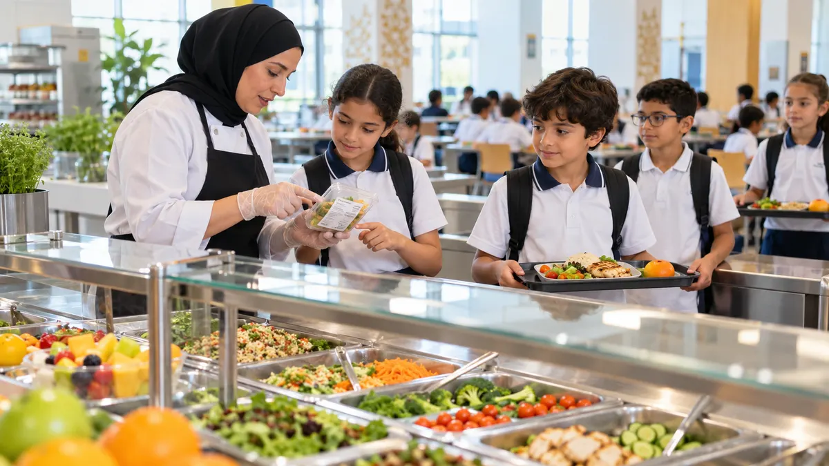 UAE pupils choosing balanced meals while school canteen staff check food labels and allergens