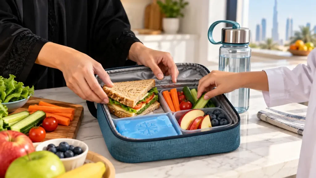 Healthy UAE school lunchbox with sandwich, vegetables, fruit, water and a cold pack