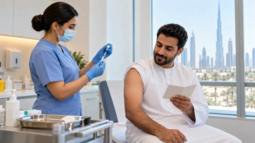 Healthcare professional preparing a seasonal influenza vaccination for an adult patient in a Dubai clinic