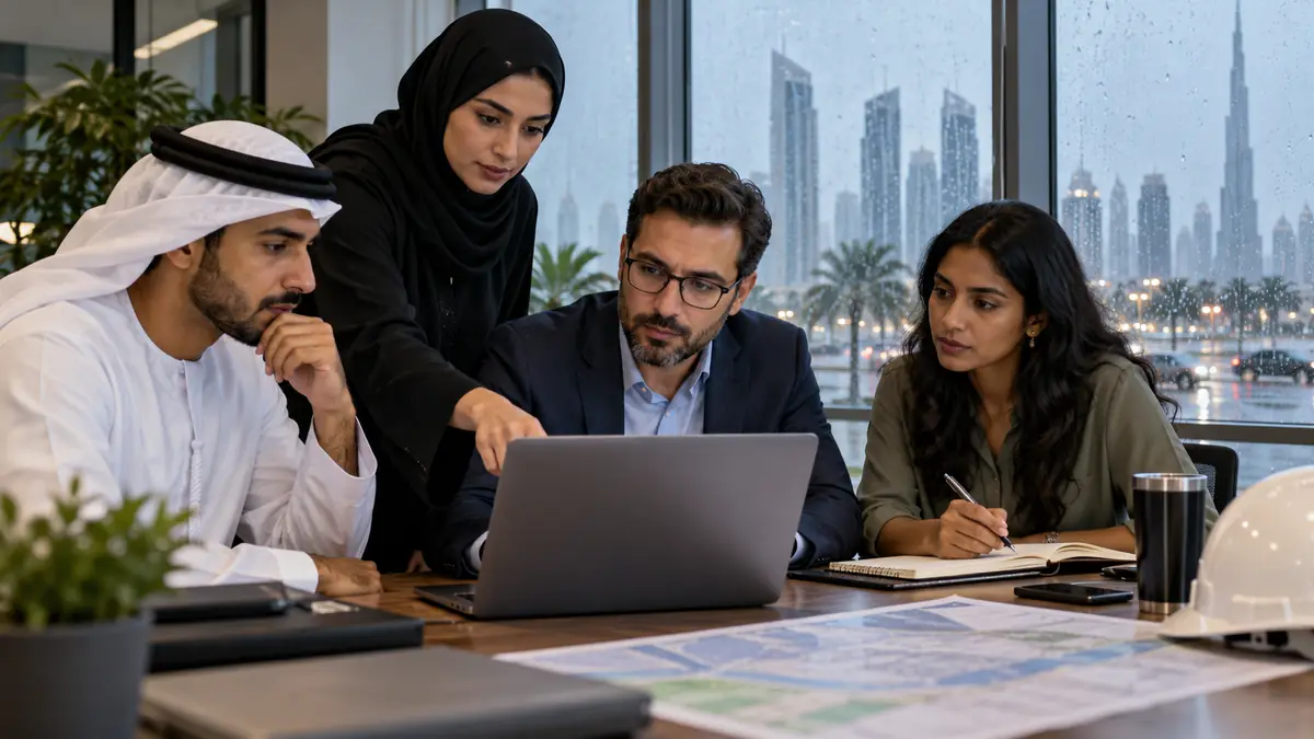 UAE business team reviewing a severe weather continuity plan in an office while rain falls outside