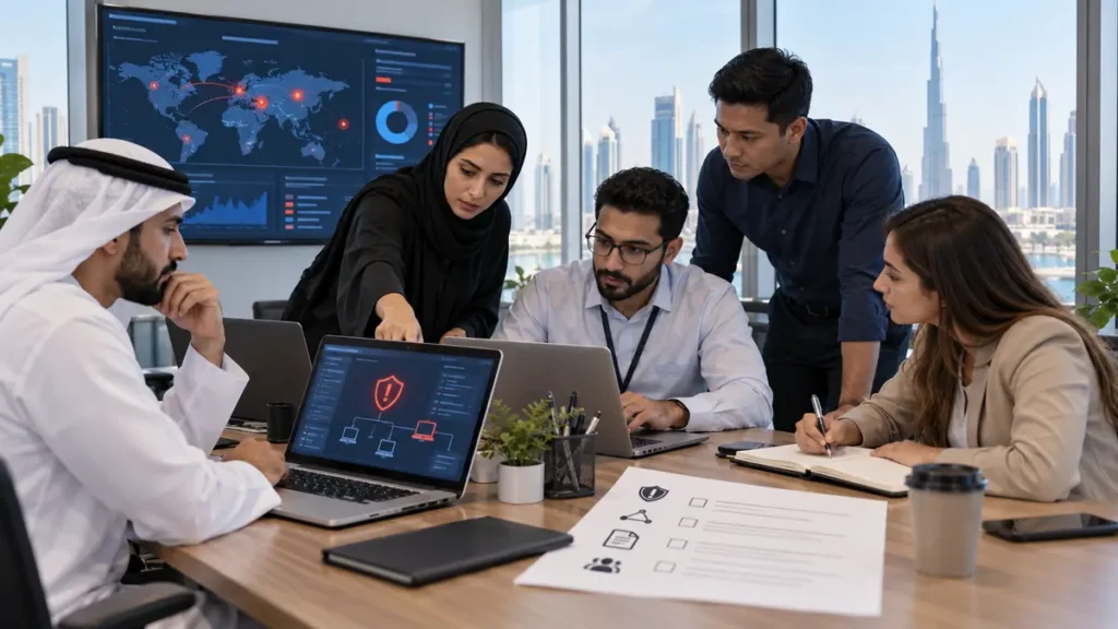 UAE small-business team documenting and containing a cybersecurity incident in an office