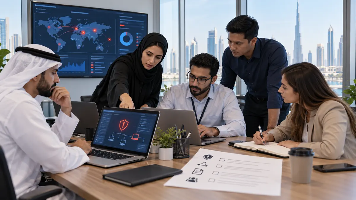 UAE small-business team documenting and containing a cybersecurity incident in an office