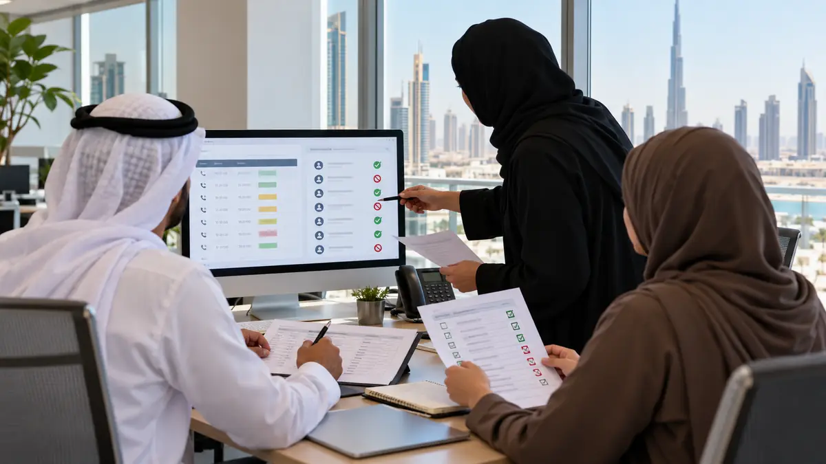 UAE business compliance team reviewing call schedules and do-not-contact records in a Dubai office