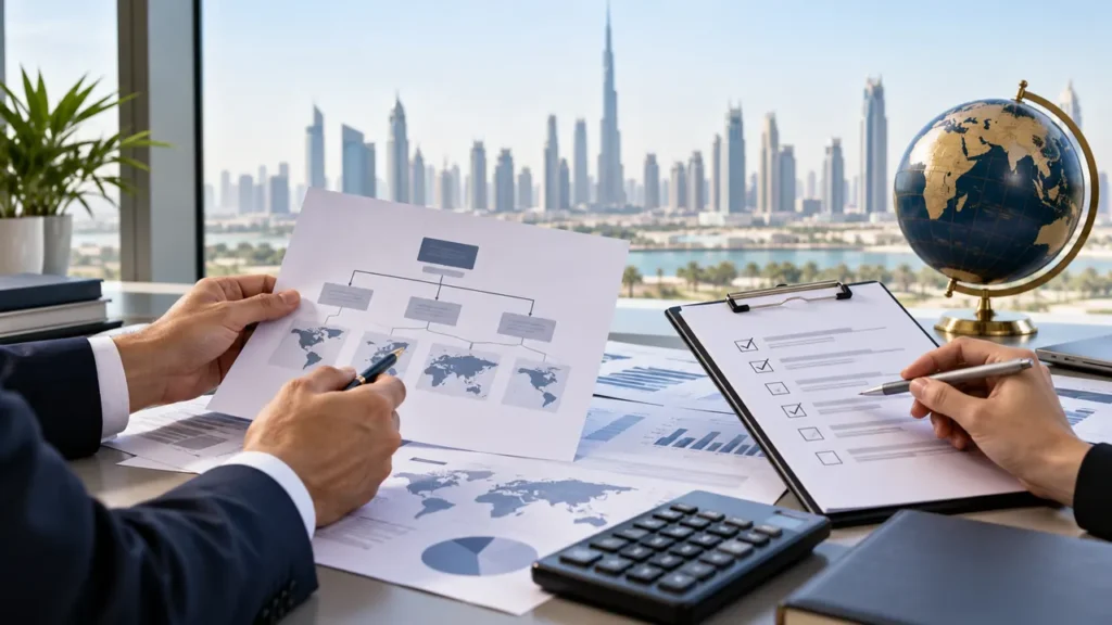 Finance professionals reviewing a multinational group structure and UAE tax compliance checklist