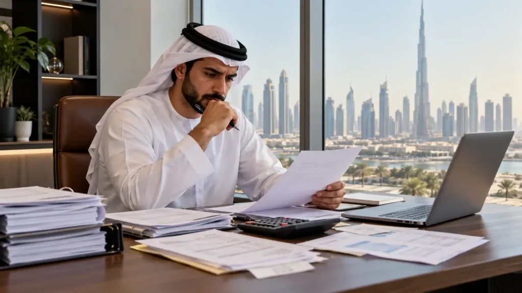 UAE small business owner reviewing unpaid invoices and VAT records at a desk in Dubai