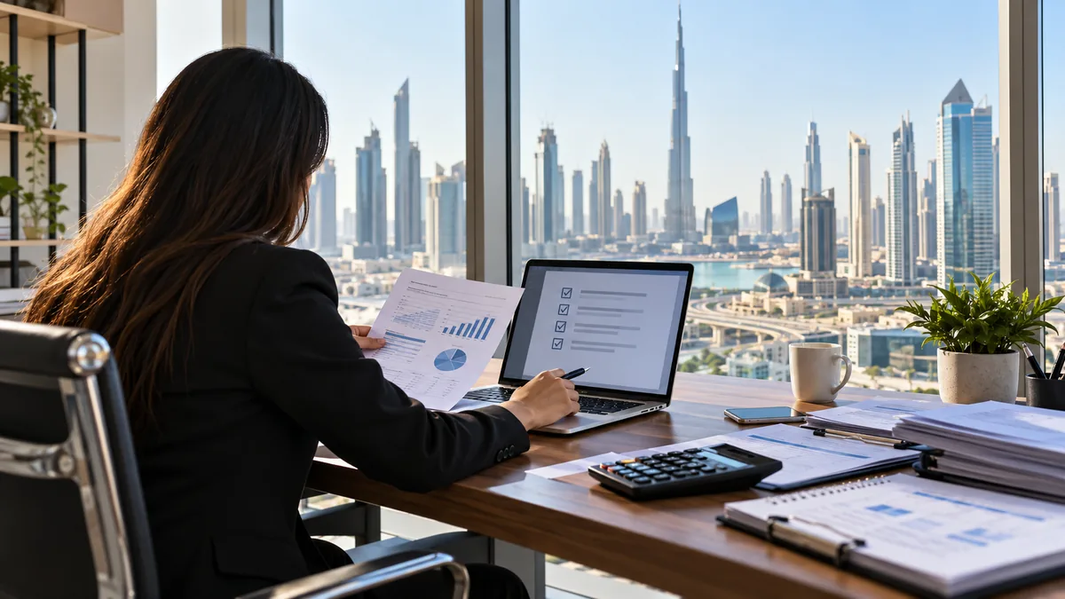 Small-business owner reviewing UAE VAT deregistration records in a Dubai office