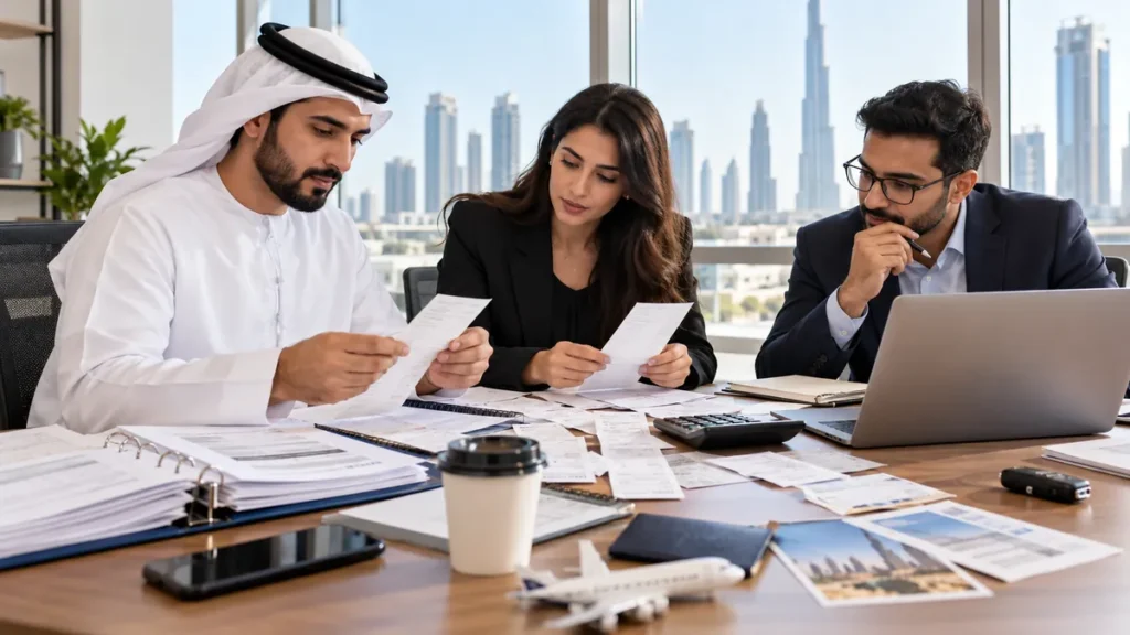 UAE finance team reviewing employee expense receipts and VAT records