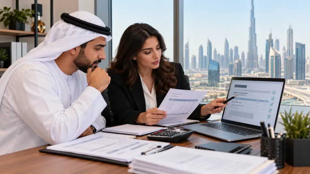 UAE small business owner and accountant checking VAT invoice requirements in a Dubai office