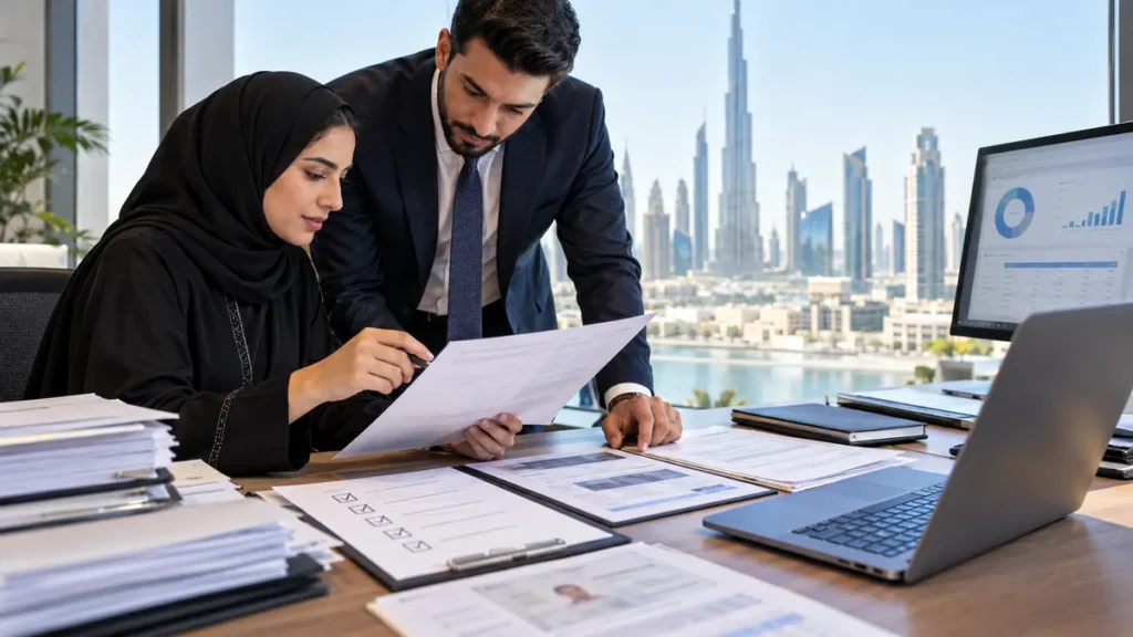 Dubai finance team checking supplier registration documents and VAT purchase records