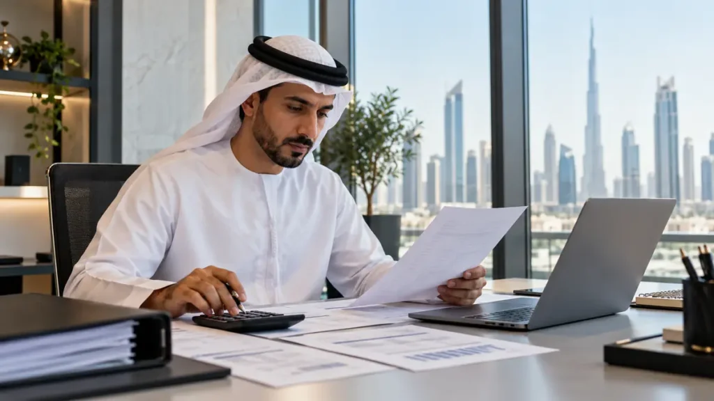 UAE small-business accountant reviewing tax return documents and a calculator in a Dubai office