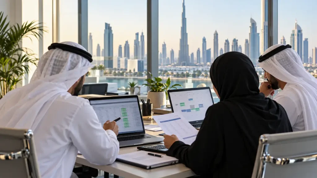 UAE small-business payroll team reviewing salary records and a payment calendar in a Dubai office